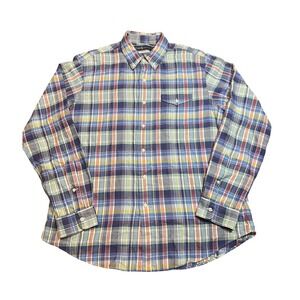 Ralph Lauren Polo Shirt Men XL Blue Indigo Flannel Button Up Cotton Plaid Vtg